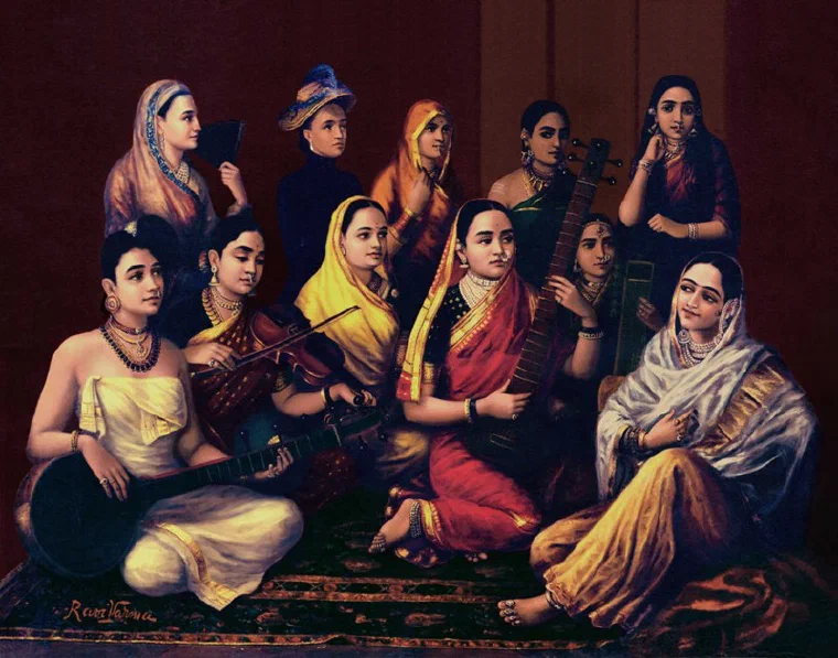 Raja Ravi Varma's 1889 painting Galaxy of Musicians, showing a group of women from different regions playing various Indian instruments together