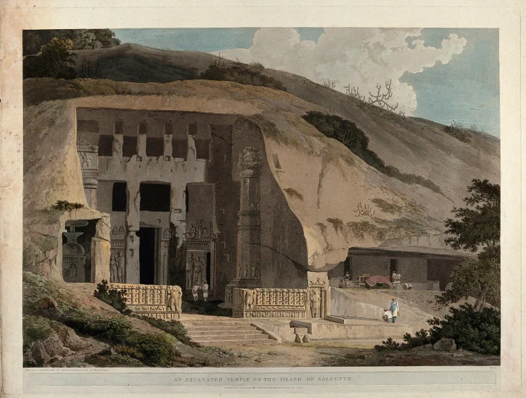 Coloured aquatint of a large rock-cut Buddhist hall with a vaulted ceiling, ribbed arches, and columns lining a central aisle
