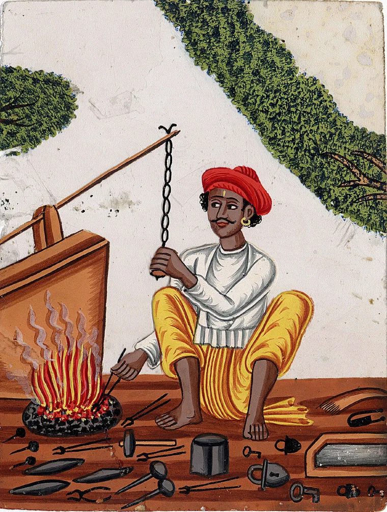 Early nineteenth-century Company School painting of a blacksmith working at his fire with one hand on the bellows chain