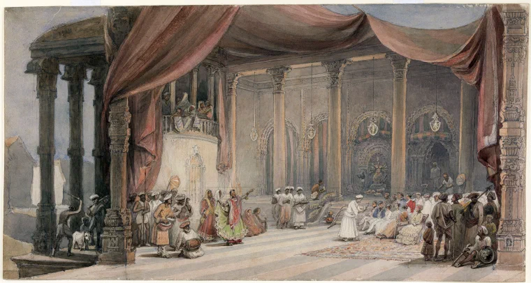 Painting from the 1830s or 1840s of Europeans seated watching dancers and musicians perform in a grand Calcutta house during Durga Puja