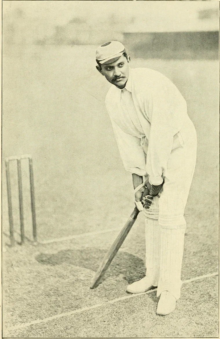 Photograph of Prince Ranjitsinhji at the wicket in batting stance, from an 1899 cricket book