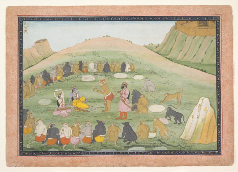 Hanuman addressing Rama and Lakshmana amid a large assembly of monkeys in a hilly landscape