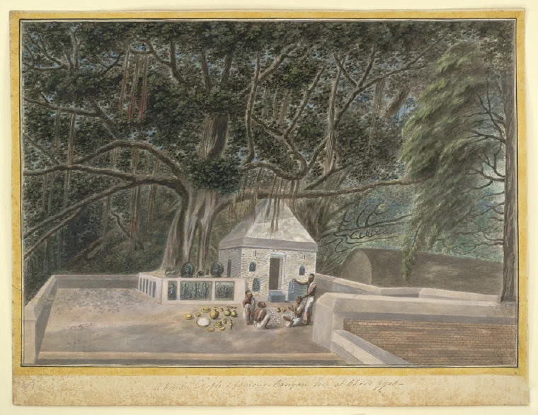 Early nineteenth-century view of a small shrine standing beneath the Bodhi tree at Bodh Gaya
