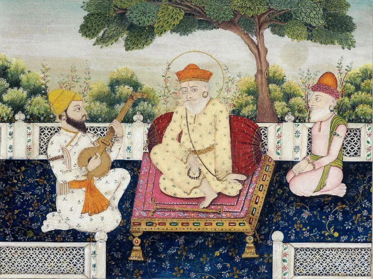 Early nineteenth-century Punjab painting of Guru Nanak seated between his companions Bala and Mardana, one holding a stringed instrument