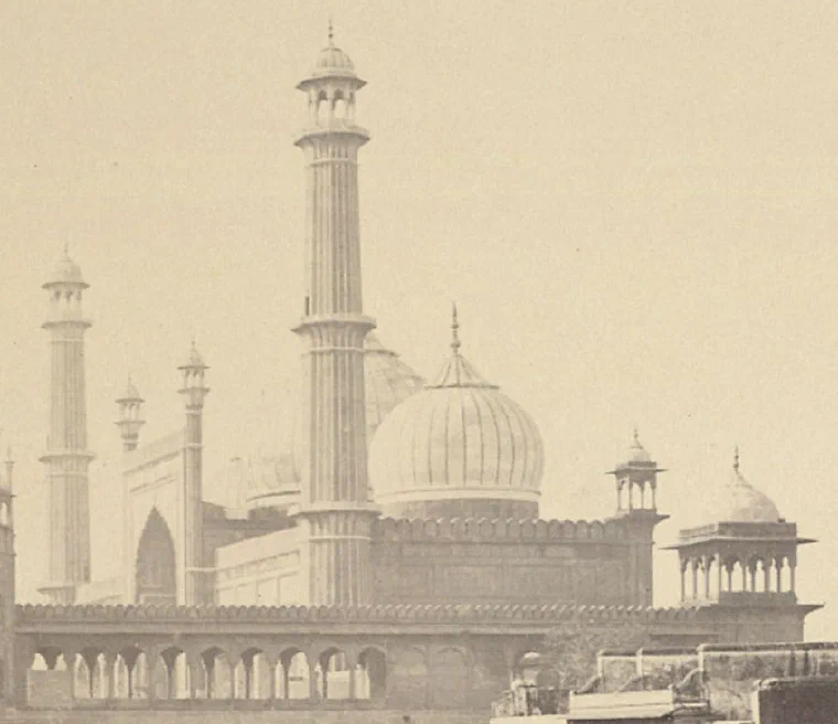 Samuel Bourne photograph from the 1860s of the Jama Masjid in Delhi, its steps and gateway seen across open ground