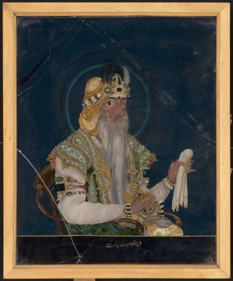 Painting from about 1849 of Maharaja Ranjit Singh seated in profile with a halo behind his head